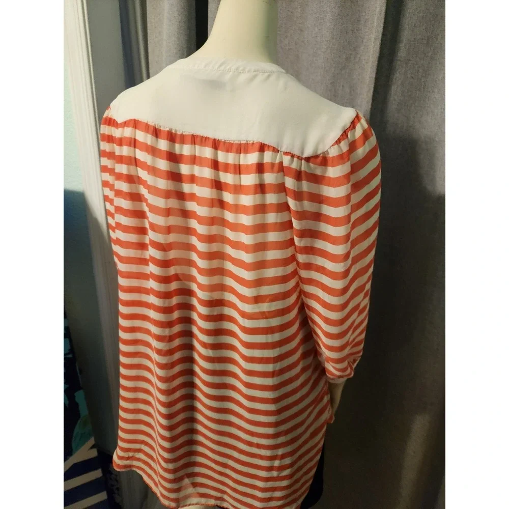 LC Lauren Conrad Women's Top Sz L 3/4 Sleeve Cream And‎ Coral Chiffon Striped - Picture 5 of 8